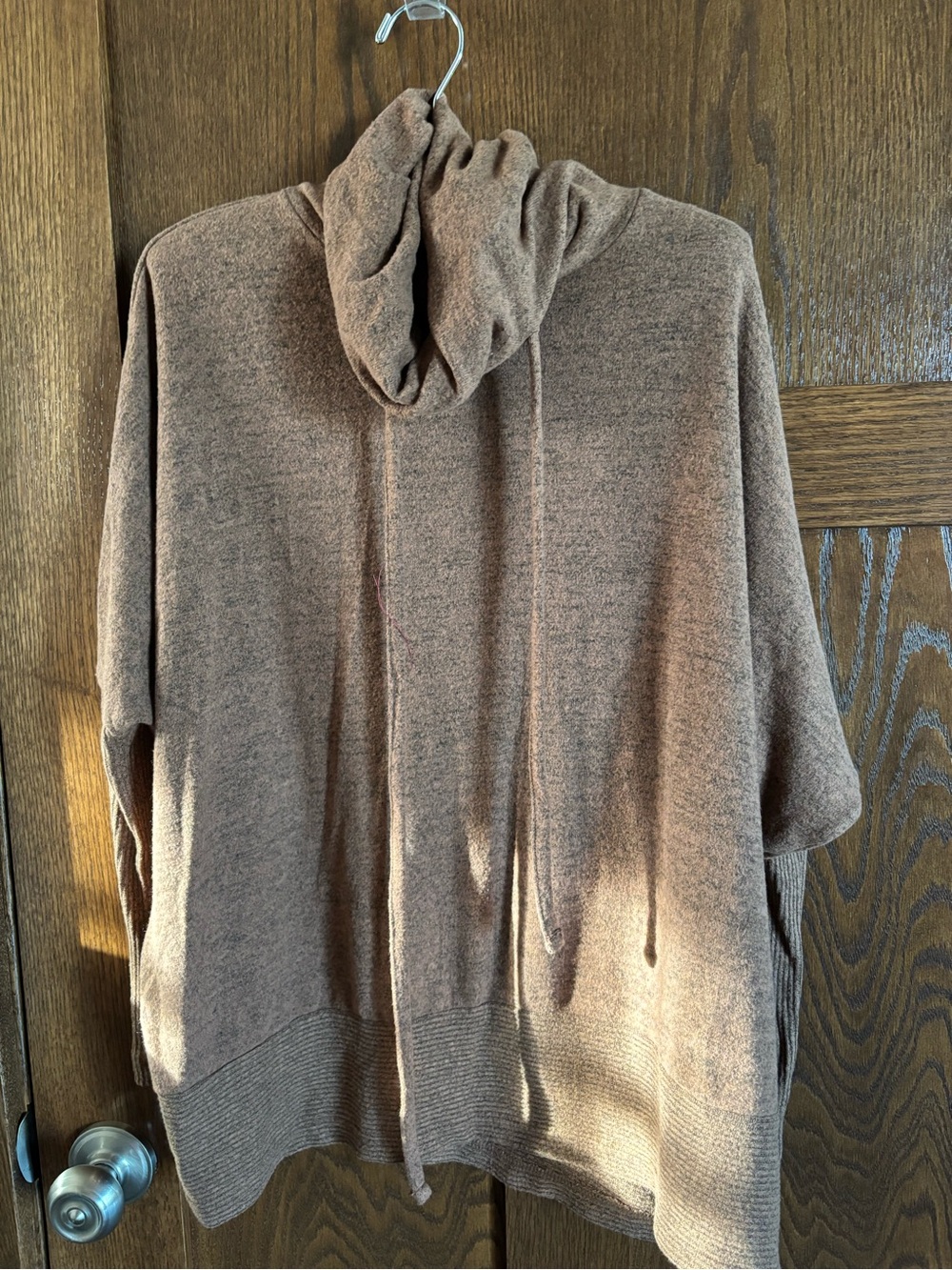 Hacci Drawstring Funnel Neck Brown Pullover. Medium. DD Designs.